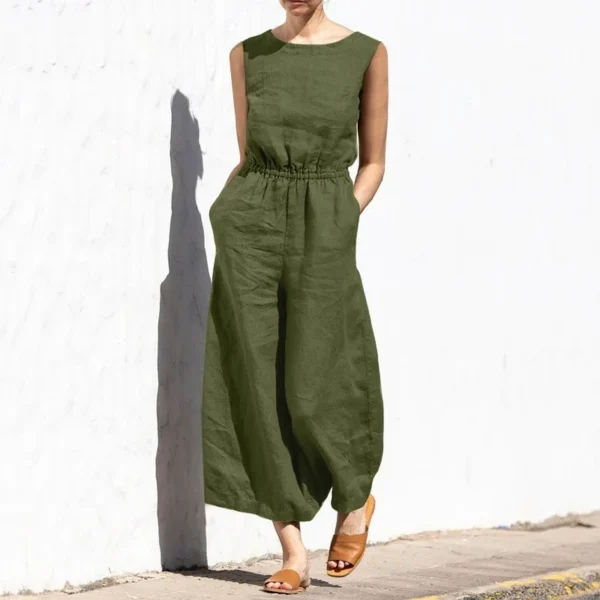 Solid Color Cotton Linen Jumpsuit Sleeveless High Waist Wide Legs - Image 3