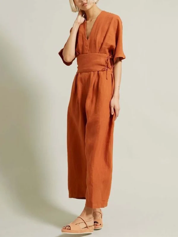 Cotton Linen V-Neck Belted Loose Jumpsuit Women Summer Casual - Image 3