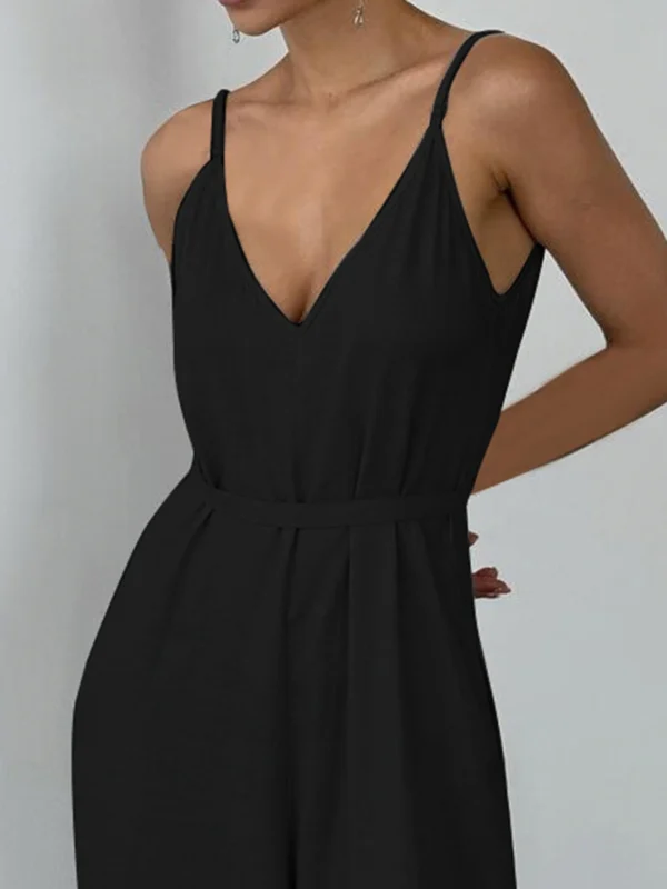 Rockmore Cotton Linen Sleeveless V-Neck Wide Leg Jumpsuit Outfit - Image 2