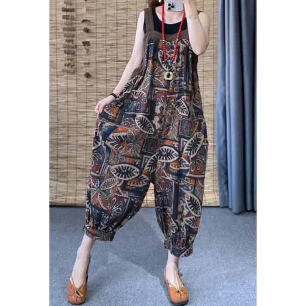 Ethnic Printed Linen Suspender Jumpsuit Women Loose Summer Overalls - Image 2