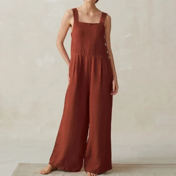 Cotton Linen Vintage Jumpsuit With Buttons Pockets And Sleeveless - Image 2