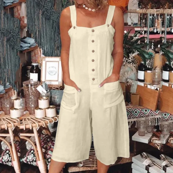 Women’s Loose Cotton Linen Wide Leg Jumpsuits With Pockets - Image 2