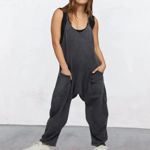 Casual Loose Cotton Linen Sleeveless Jumpsuit With Wide Leg Pants - Image 4
