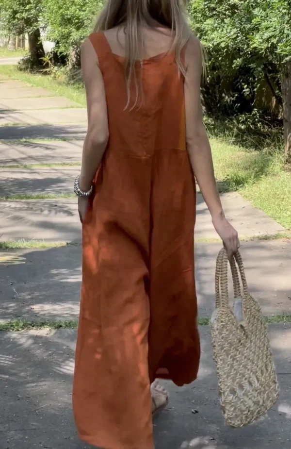 Summer Linen Oversize Jumpsuit Sleeveless Square Collar Women Overalls - Image 6