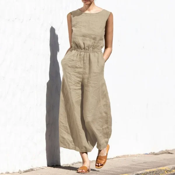 Solid Color Cotton Linen Jumpsuit Sleeveless High Waist Wide Legs - Image 4