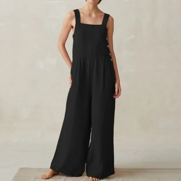 Cotton Linen Vintage Jumpsuit With Buttons Pockets And Sleeveless - Image 3