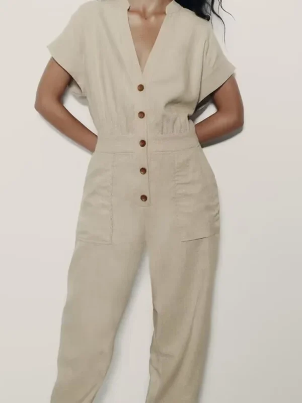 Summer Casual V-Neck Sleeveless Linen Blend Long Jumpsuit Outfit Wear