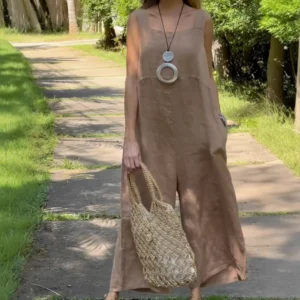 Summer Linen Oversize Jumpsuit Sleeveless Square Collar Women Overalls