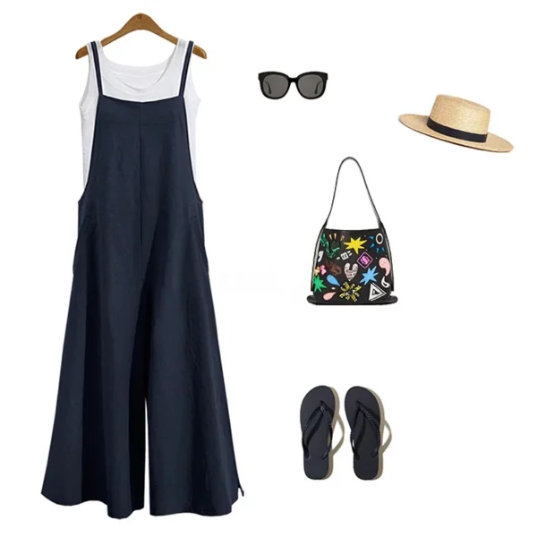 Women Summer Cotton Linen Loose Wide Leg Casual Jumpsuit Overalls - Image 5
