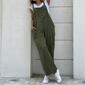 Spring Linen Oversize Black Rompers Women Wide-Leg Casual Jumpsuit