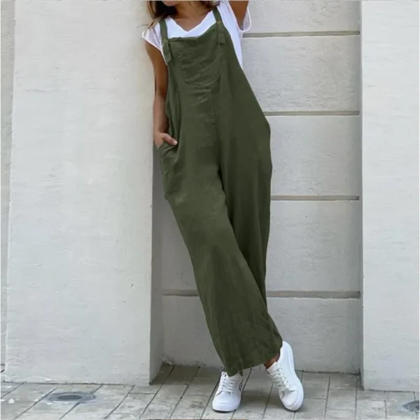 Spring Linen Oversize Black Rompers Women Wide-Leg Casual Jumpsuit