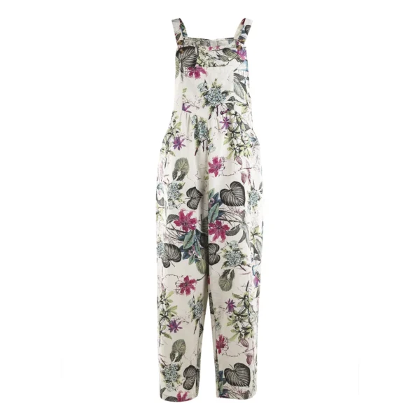Women’s Cotton Linen Floral Jumpsuit Sleeveless Loose Casual Pockets - Image 4