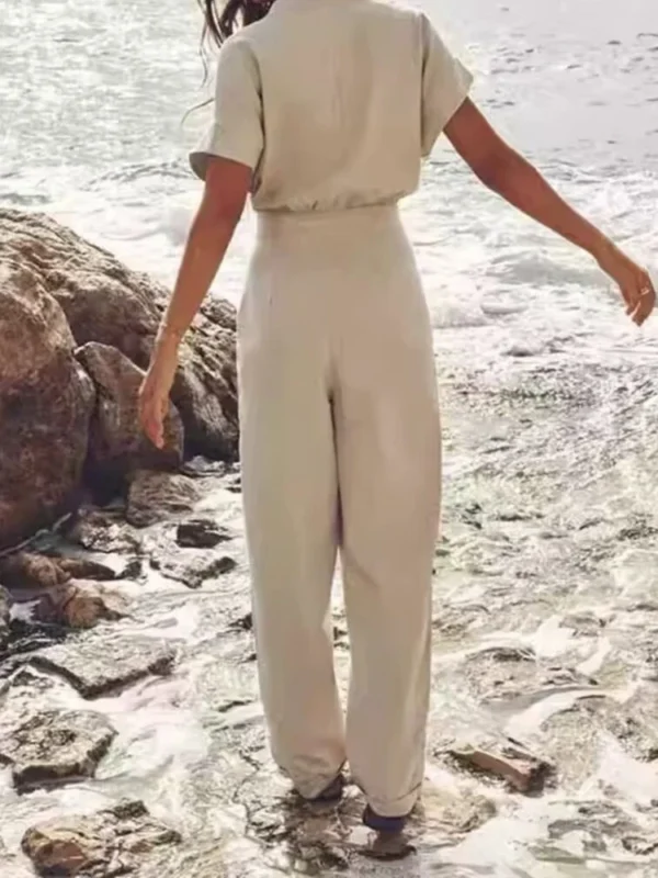 Summer Casual V-Neck Sleeveless Linen Blend Long Jumpsuit Outfit Wear - Image 2
