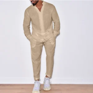 Men's Autumn Casual Linen Suit Single Breasted Button Overalls
