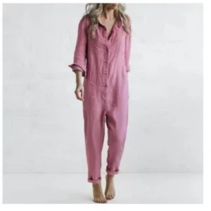 Fashion Cotton Linen Vintage Long Sleeve Pocket Jumpsuit For Women