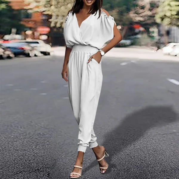Casual Loose Cotton Linen V Neck Slim Waist Women’s Jumpsuit - Image 2