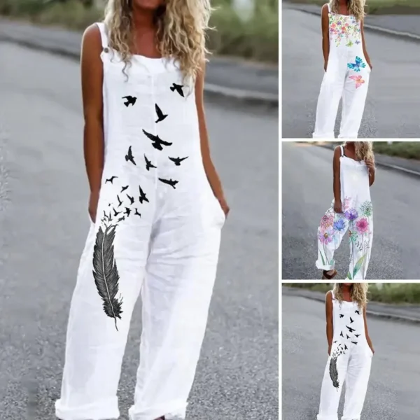 Casual Loose Cotton Linen Jumpsuit Spaghetti Strap Wide Leg Overalls - Image 4