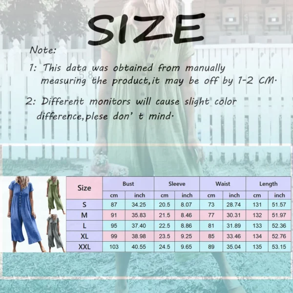 Vintage Cotton Linen Jumpsuit Women Ruched Wide-Leg Loose Rompers - Image 6