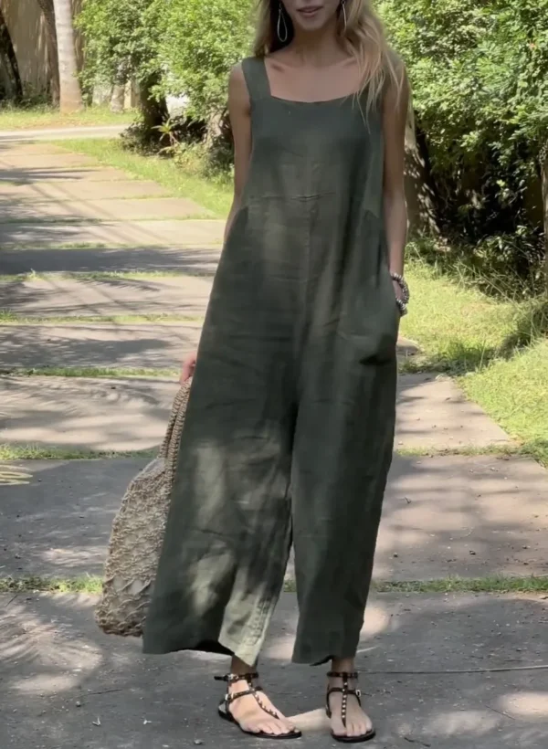 Summer Linen Oversize Jumpsuit Sleeveless Square Collar Women Overalls - Image 4