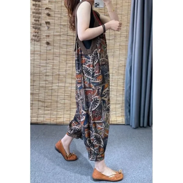 Ethnic Printed Linen Suspender Jumpsuit Women Loose Summer Overalls - Image 3