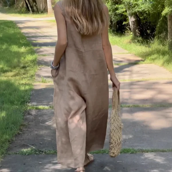 Summer Linen Oversize Jumpsuit Sleeveless Square Collar Women Overalls - Image 2