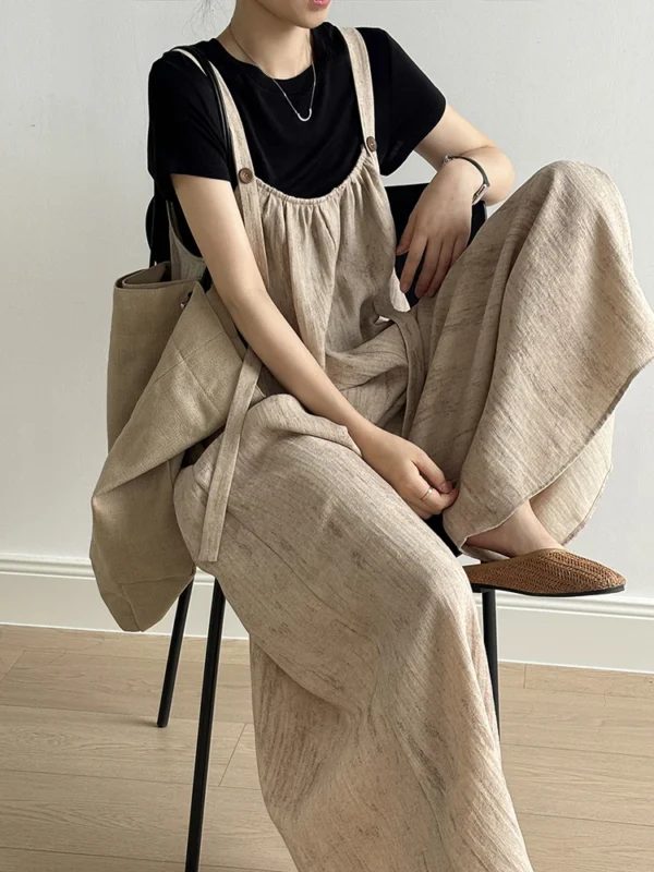Women Linen Wide Leg High Waist Casual Jumpsuit Spring Autumn - Image 4
