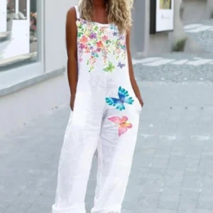 Casual Loose Cotton Linen Jumpsuit Spaghetti Strap Wide Leg Overalls