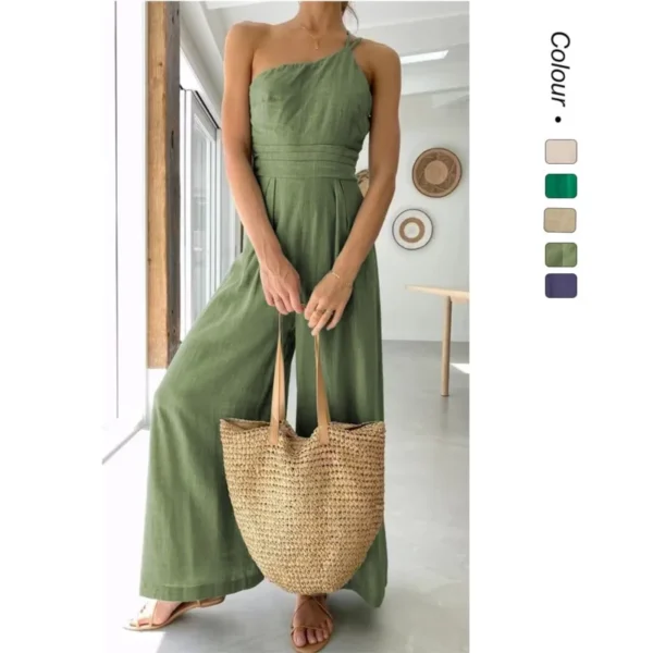 2025 Summer Elegant Cotton Linen Loose Sloping Shoulder Jumpsuit - Image 2