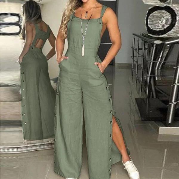 Women’s Sleeveless Cotton Linen Jumpsuit Wide Leg Loose Romper - Image 5