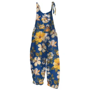 Women’s Cotton Linen Loose Print Jumpsuit Casual Overalls Pockets