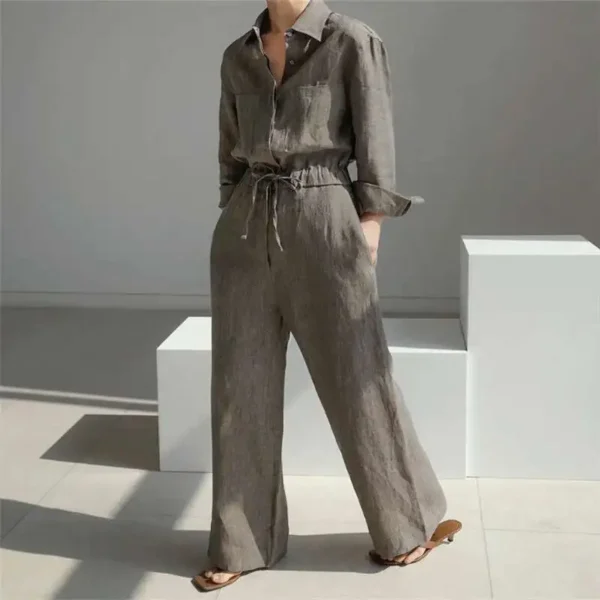Wide Leg Cotton Linen Jumpsuit Women Lapel Drawstring With Pockets - Image 3