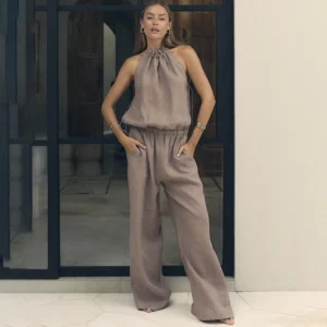 Women Casual Halter Linen Jumpsuit Wide Leg Sleeveless Summer Playsuit