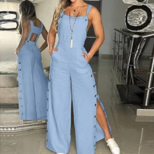 Women’s Sleeveless Cotton Linen Wide Leg Summer Strappy Jumpsuit