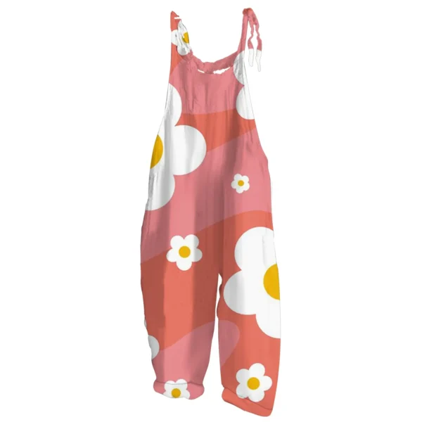 Women’s Cotton Linen Loose Print Jumpsuit Casual Overalls Pockets - Image 2