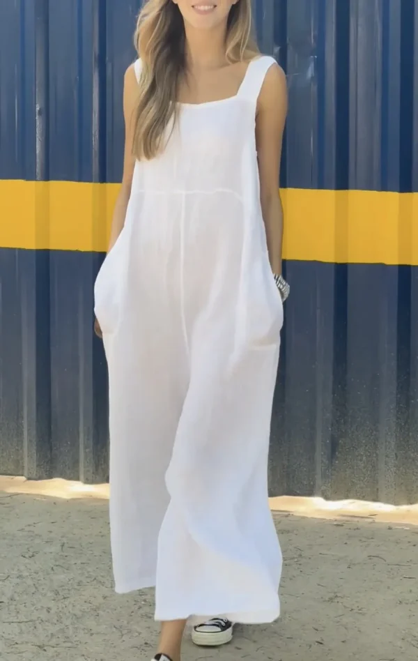 Summer Linen Oversize Jumpsuit Sleeveless Square Collar Women Overalls - Image 5
