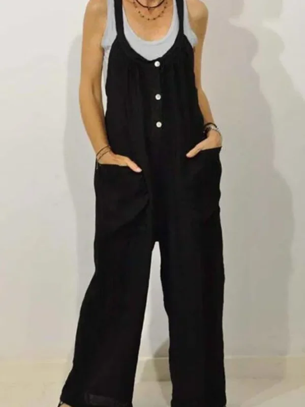 Button Sleeveless Cotton Linen Jumpsuit With Pockets Wide Leg Overalls - Image 2