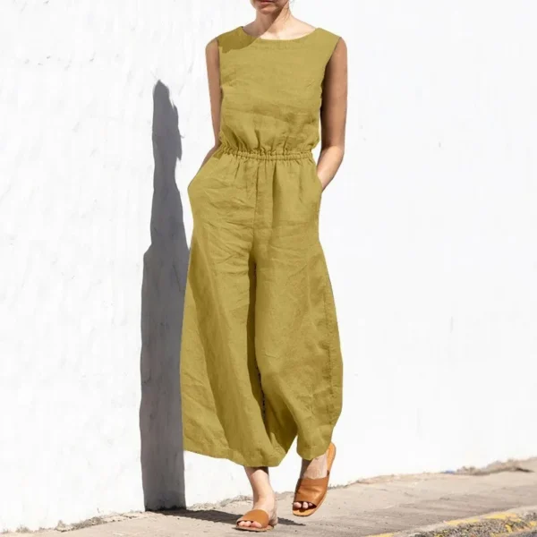 Solid Color Cotton Linen Jumpsuit Sleeveless High Waist Wide Legs - Image 5