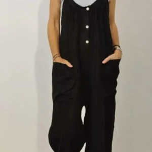 Button Sleeveless Cotton Linen Jumpsuit With Pockets Wide Leg Overalls