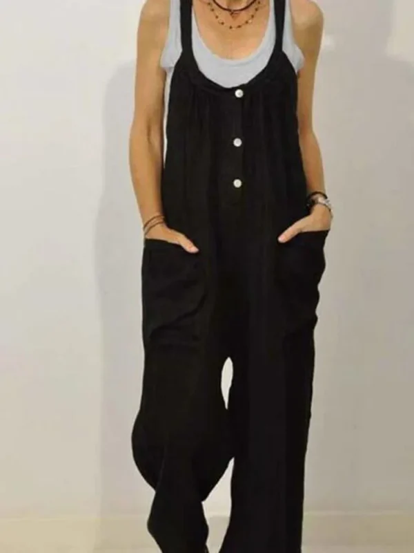Button Sleeveless Cotton Linen Jumpsuit With Pockets Wide Leg Overalls