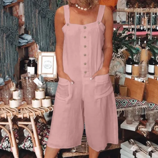 Women’s Loose Cotton Linen Wide Leg Jumpsuits With Pockets - Image 3