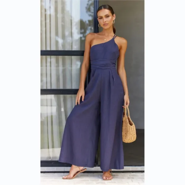 2025 Summer Elegant Cotton Linen Loose Sloping Shoulder Jumpsuit - Image 4