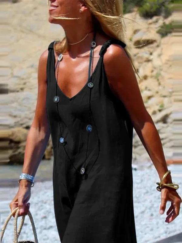 Casual Black Cotton Linen Jumpsuit With Spaghetti Straps For Summer - Image 4