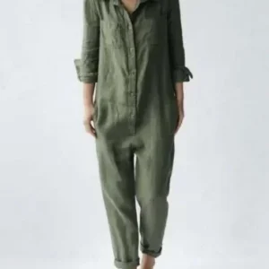 Women Long Sleeve Jumpsuit Casual Solid Button Pencil Pants