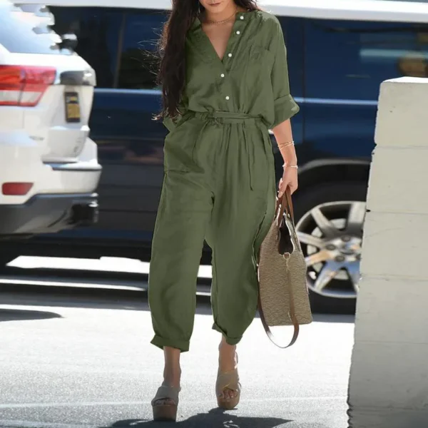Elegant Cotton Linen Long Sleeve Belted Workwear Jumpsuit Women - Image 5