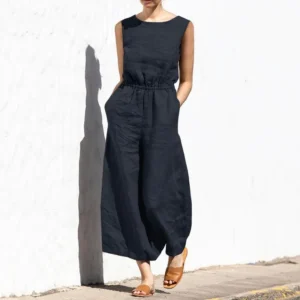 Solid Color Cotton Linen Jumpsuit Sleeveless High Waist Wide Legs
