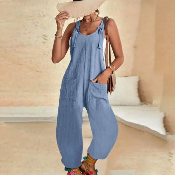 Women’s Casual Cotton Linen Spaghetti Strap Summer Harem Jumpsuit - Image 2