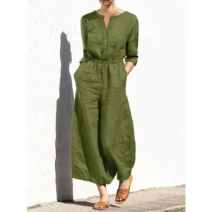Breathable Cotton Linen Vintage Jumpsuit With Buttons And Pockets