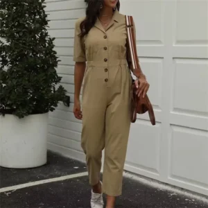 Casual Elegant Linen Jumpsuit For Women Short Sleeve Solid Color Style
