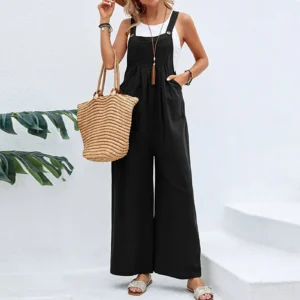 Women’s Loose Cotton Linen Harem Strap Jumpsuit Casual Overalls