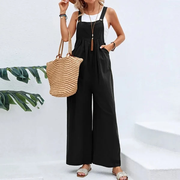 Women’s Loose Cotton Linen Harem Strap Jumpsuit Casual Overalls